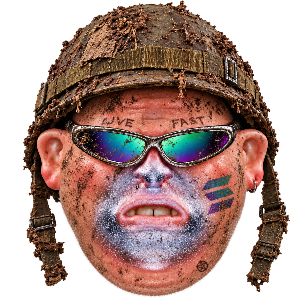 SOLARRIOR in a muddy helmet and iridescent sunglasses