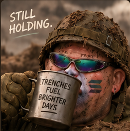 SOLARRIOR with a trench coffee mug